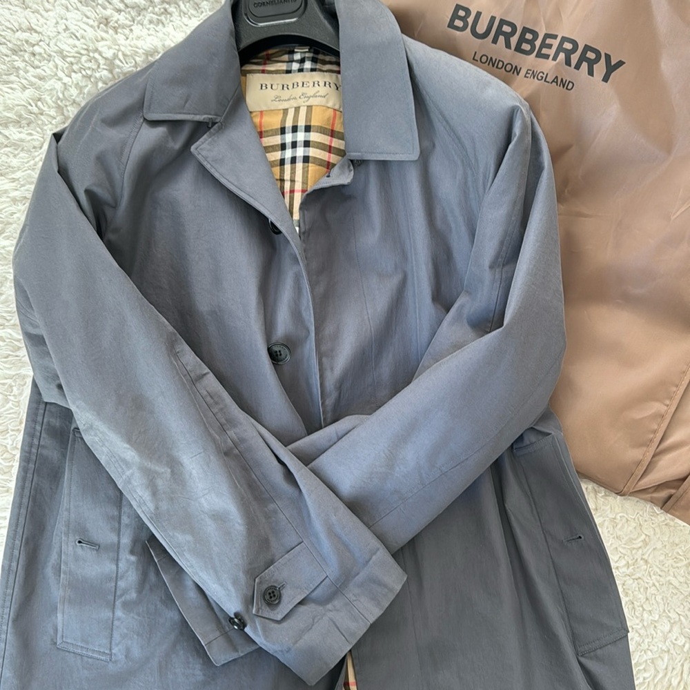 Burberry car coat- worn twice. grey with classic plaid, lightweight cotton